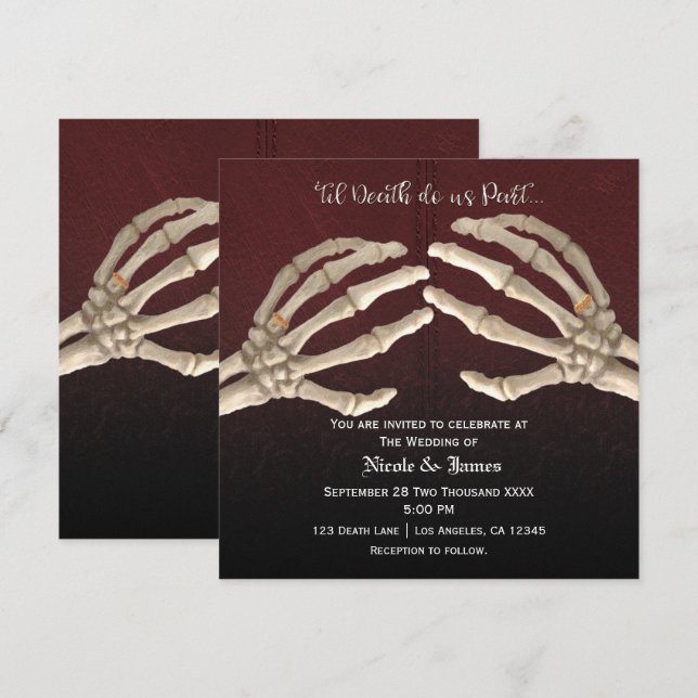 Invitación Hasta que la muerte esqueleto granate oro boda mat (Anverso / Reverso)