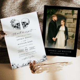 Invitación Hasta que la Muerte Gótico Cráneo Foto Negra Flora