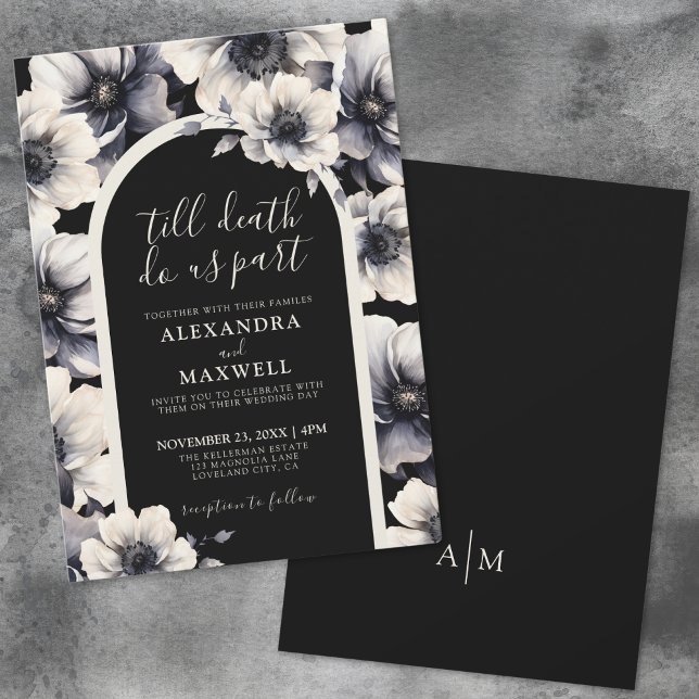 Invitación Hasta que la muerte nos divida a Boda floral negro (Till Death Do Us Part Elegant Black Floral Wedding Invitation)