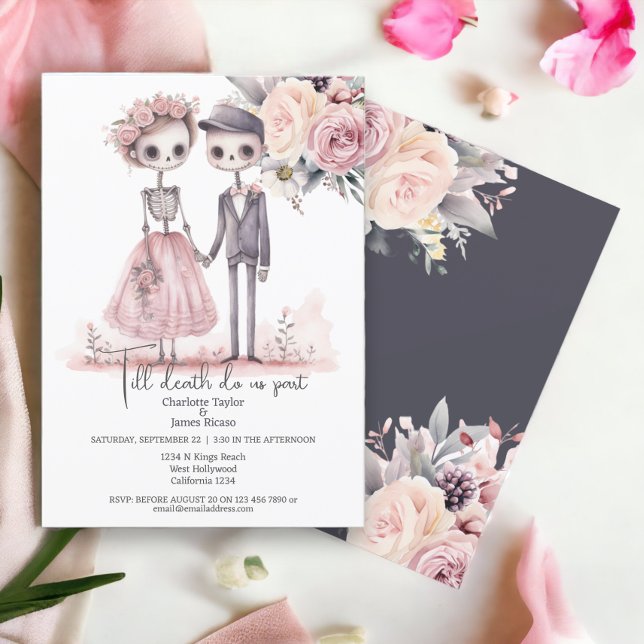 Invitación Hasta que la muerte nos separe de Bride y Groom (Till death do us part Bride and Groom Invitations from Ricaso. Cute skeleton couple with flowers)