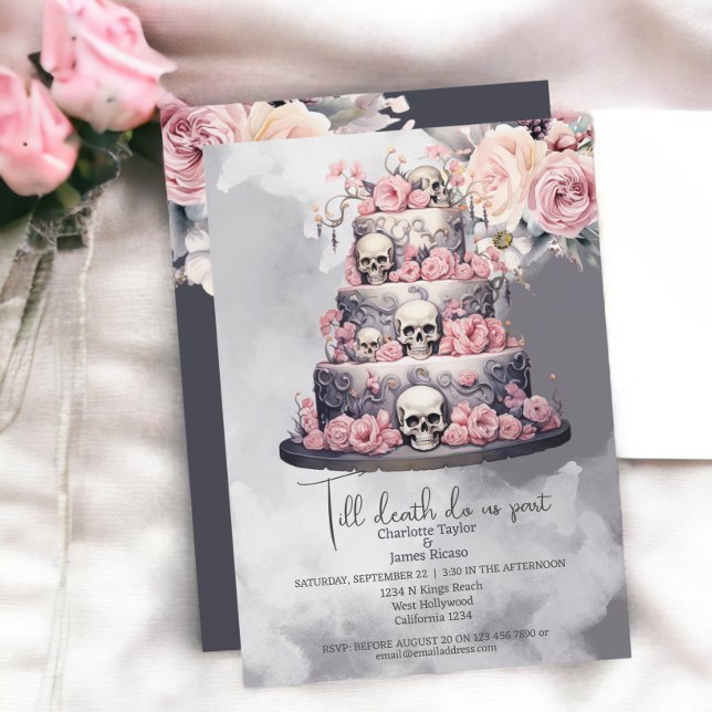 Invitación Hasta que la muerte nos separe el pastel de boda d (Till death do us part skull wedding cake invitations from Ricaso. Perfect for a unique gothic couple)