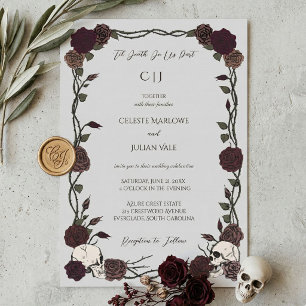Invitación Hasta que la Muerte Rosas Burgundy Góticas Gris Cl