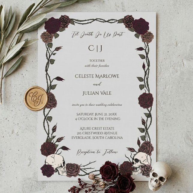 Invitación Hasta que la Muerte Rosas Burgundy Góticas Gris Cl (moody Hand-drawn skull and rose 'til death do us part wedding invitation with whimsigoth aesthetic)