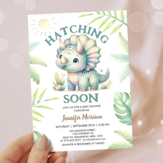 Invitación ¡Hatching Pronto! Baby Shower de Triceratops Dinos (Subido por el creador)