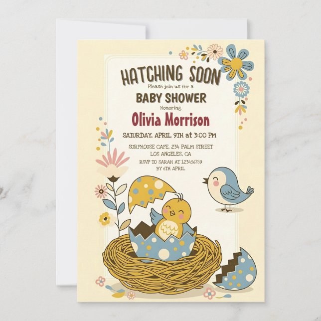 Invitación "Hatching Pronto" Cute Baby Bird Baby Shower (Anverso)