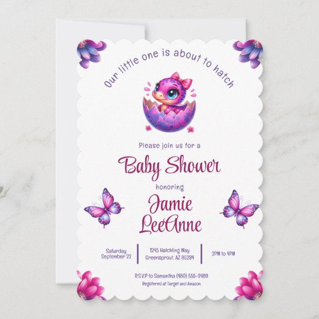 Invitación Hatching pronto retro Baby Shower moderno de dinos (Anverso)