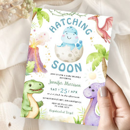 Invitación Hatching Soon Boy Dinosaur Baby Shower