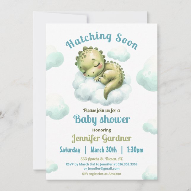 Invitación Hatear pronto cute dinosaurio Baby Shower Boy (Anverso)