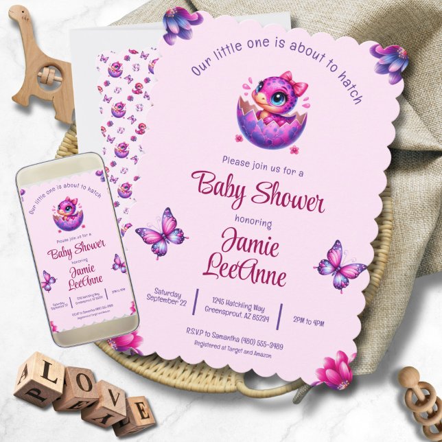 Invitación Hatear pronto el bebé Dinosaurios rosados Baby Sho ("Hatching Soon" Chic Pink Dinosaur Baby Shower Invitation - Print and Digital)