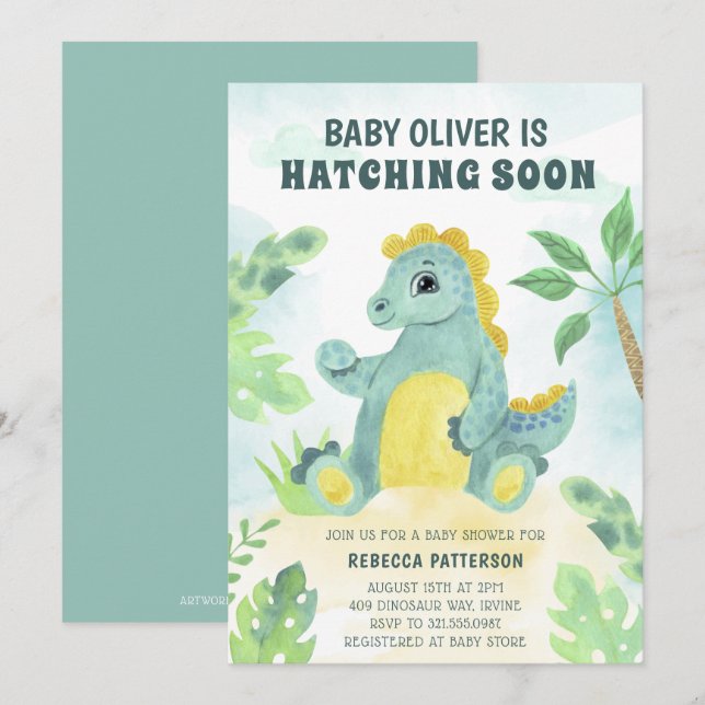 Invitación Hatear pronto el lindo niño dinosaurio Baby Shower (Anverso / Reverso)