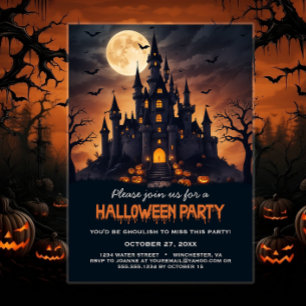 Invitación Haunted Castle Bats Trees Spooky Halloween Party