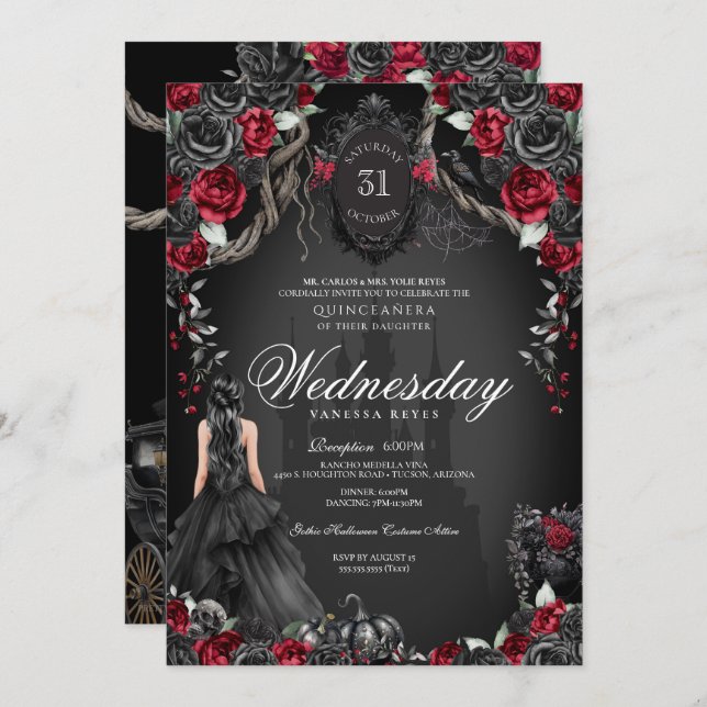 Invitación Haunted Quinceanera Black Rosa Red Halloween (Anverso / Reverso)