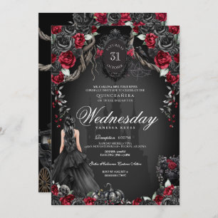 Invitación Haunted Quinceanera Black Rosa Red Halloween