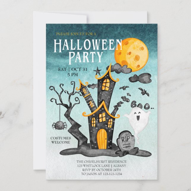 Invitación Haunty House Spooky Turquoise Sky Halloween Party (Anverso)