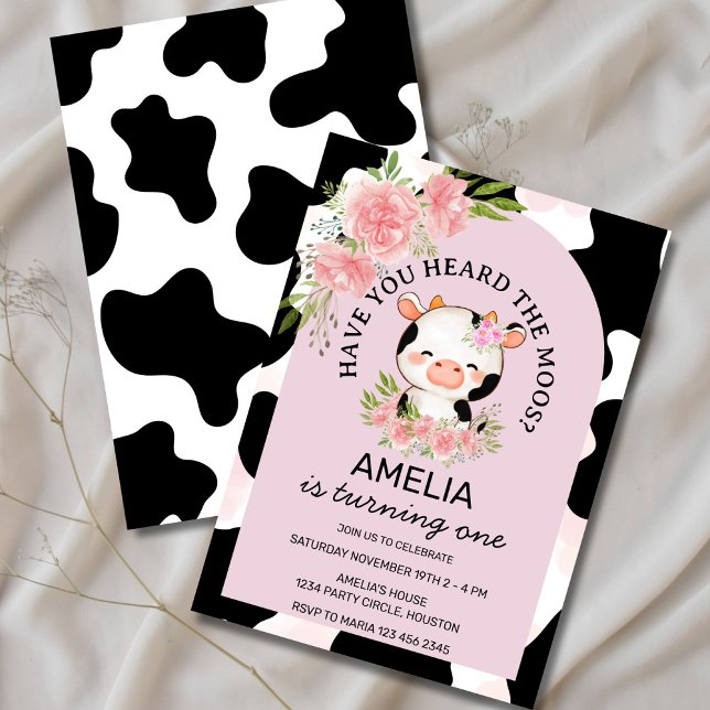 Invitación Have You Heard the Moos Pink  Cow Print  Birthday (Have You Heard the Moos cow invite with watercolor flowers)