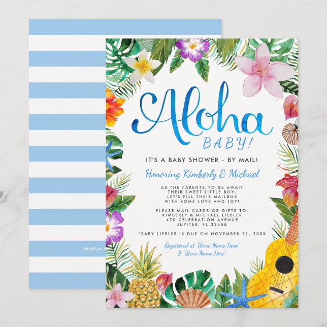 Invitación Hawai Luau Baby Shower por correo| Azul (Anverso / Reverso)