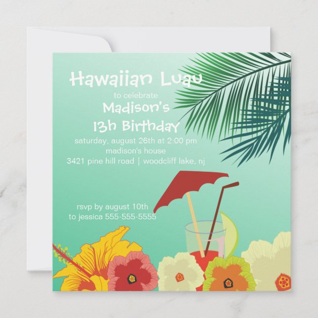 Invitación hawaiana de la fiesta de cumpleaños de (Anverso)