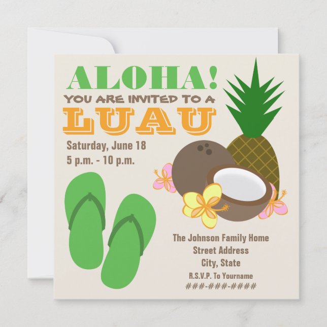 Invitación Hawaiana de Luau - hibisco del coco de los (Anverso)