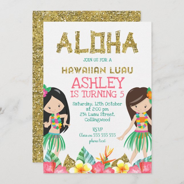 Invitación hawaiana del cumpleaños de Luau de los (Anverso / Reverso)