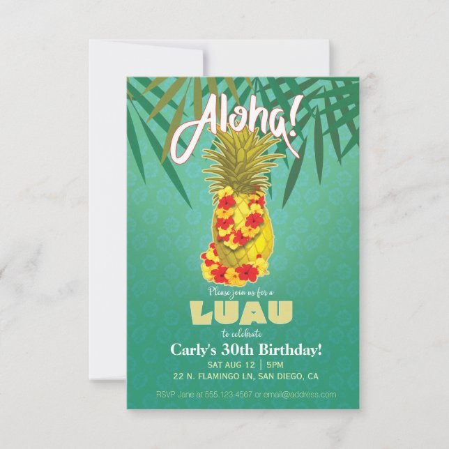 Invitación hawaiana del fiesta de Luau (Anverso)