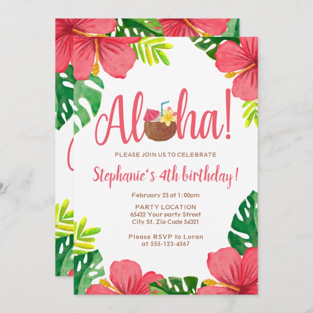 Invitación Hawaiana, fiesta de cumpleaños hawaiana (Anverso / Reverso)