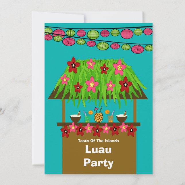 Invitación Hawaiana Luau PartyInvitation de la choza de Tiki (Anverso)