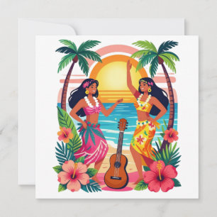 Invitación Hawaiano Hula Atardecer Playa Baile Tropical Arte