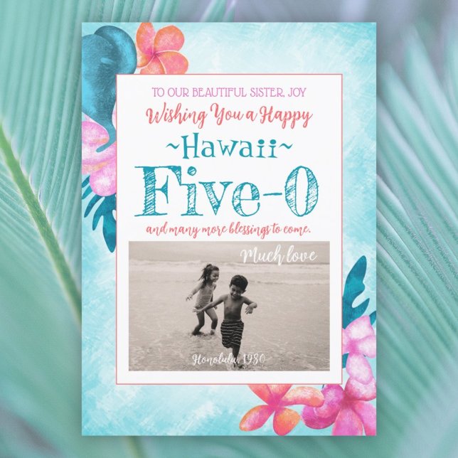 Invitación Hawaii 5-0 50 cumpleaños turquesa, Aqua, rosa (turquoise, tropical teal, pink, coral orange flowers, hawaii 5-0 five-0 happy 50th birthday fifty)