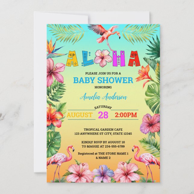 Invitación Hawaii Aloha Tropical Floral Flamingo Baby Shower (Anverso)