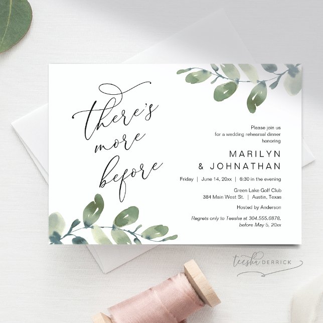 Invitación Hay más antes, Boda ensaye la cena (There's More Before, Romantic Rehearsal Dinner Invitation Card, Greenery Eucalyptus. Downloadable)