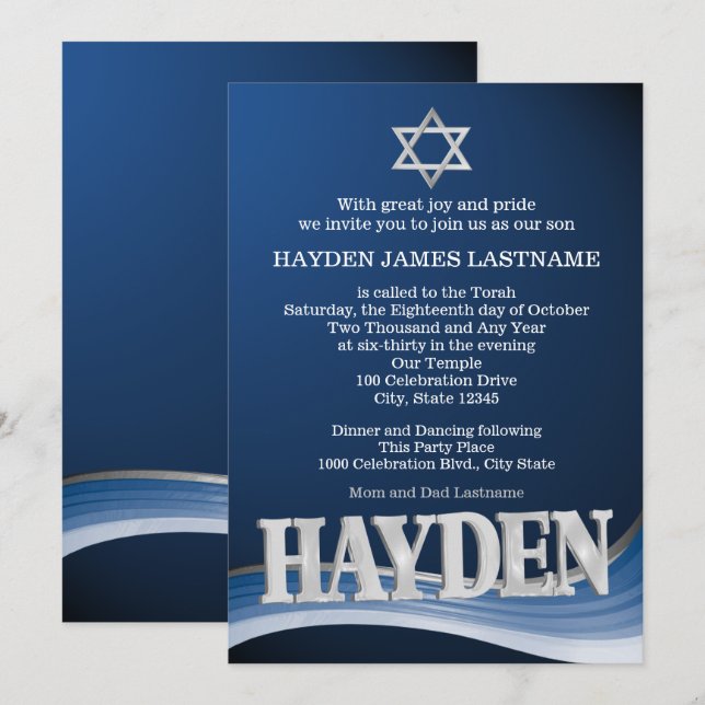 Invitación Hayden Steel Wave Name Bar Mitzvah (Anverso / Reverso)