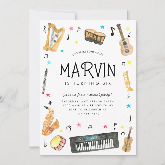 Invitación Haz Ruido Instrumento Notas Musicales Música Cumpl (Anverso)