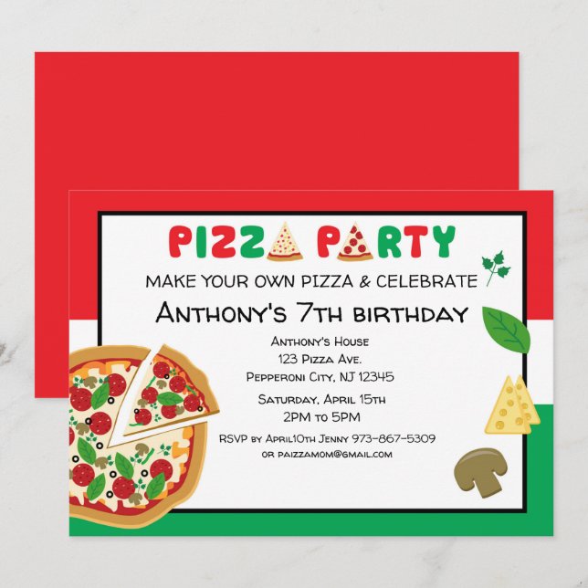 Invitación Haz tu propia fiesta de cumpleaños de pizza (Anverso / Reverso)