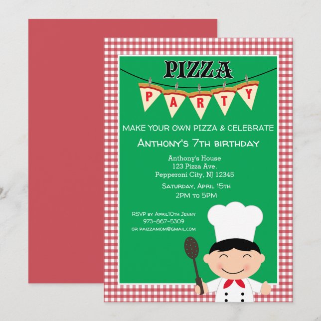 Invitación Haz tu propia fiesta de cumpleaños de Pizza Boy (Anverso / Reverso)