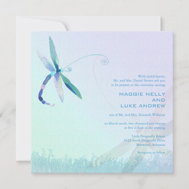 Invitación Hazy Morning Blue Dragonfly Boda (Anverso)