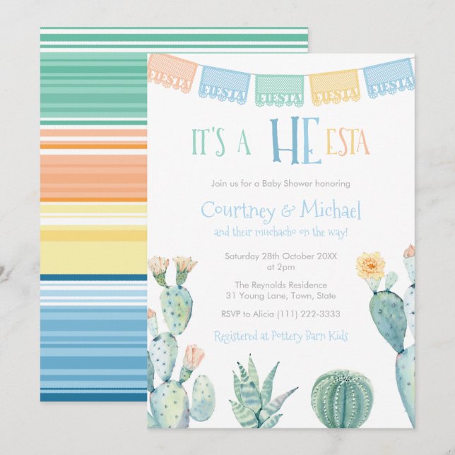 Invitación HE-esta Parejas Mexicanas Baby Shower For Boy (Anverso / Reverso)