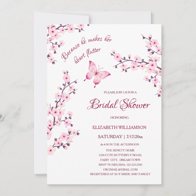 Invitación He Gives Her Butterflies | Sakura Bridal Shower (Anverso)