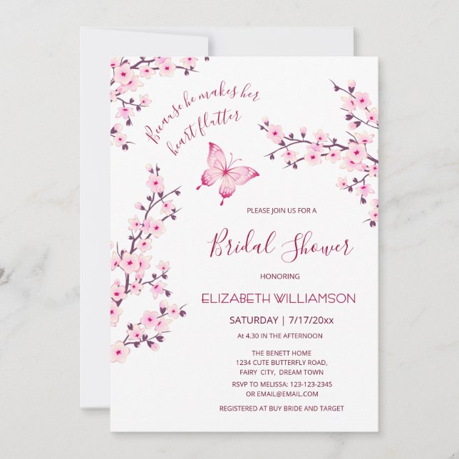 Invitación He Gives Her Butterflies | Sakura Bridal Shower (Anverso)