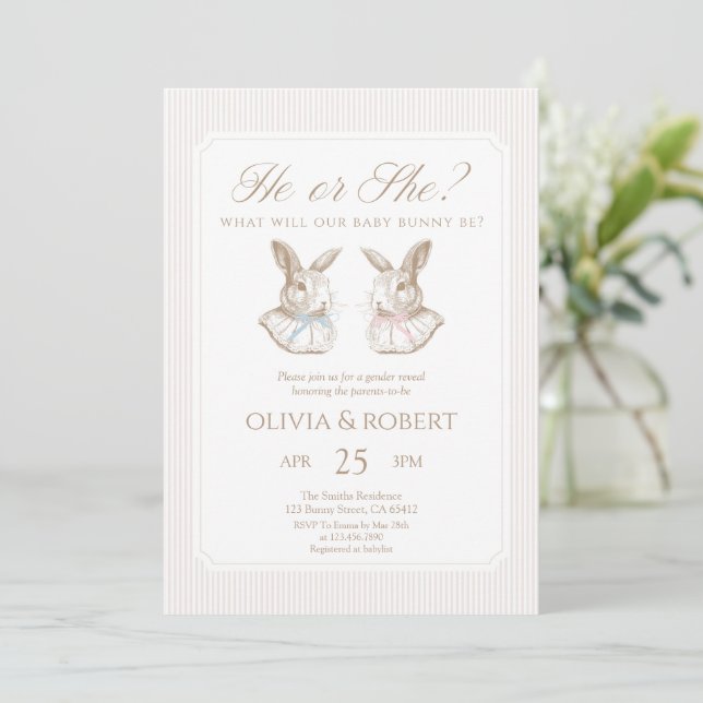 Invitación He or She Baby Bunny Gender Reveal (Anverso de pie)