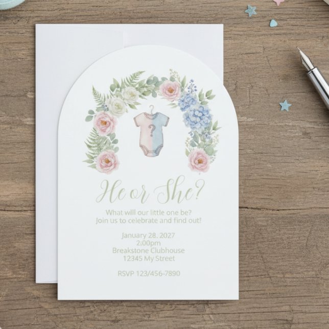 Invitación He or She? Botanical Gender Reveal Invitation (Gender reveal party invitation)
