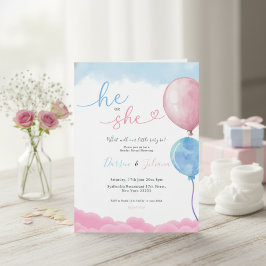 Invitación He or She Cute Pink & Blue Balloons Gender Reveal