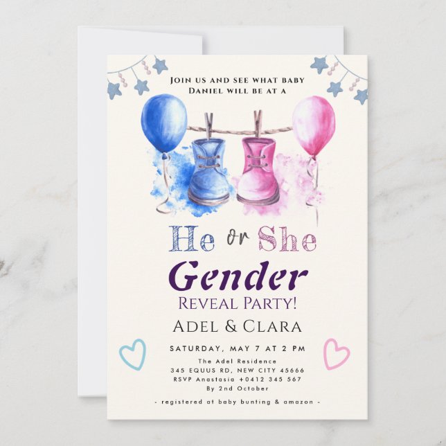 Invitación He or She Gender Reveal Invitation (Anverso)