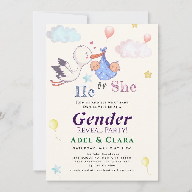 Invitación He or She Gender Reveal Invitation (Anverso)