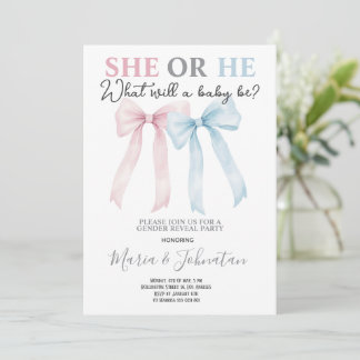 Invitación He or She Pink Blue Bow Baby Gender Reveal