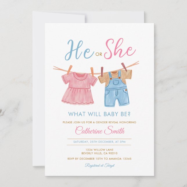 Invitación He or She Pink & Blue Clothesline Gender Reveal  (Anverso)