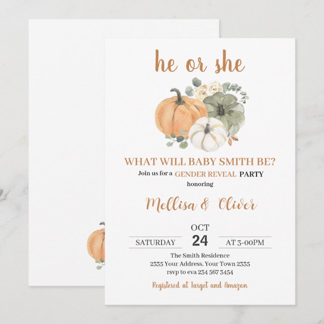 Invitación He or She Pumpkin Fall Gender Reveal (Anverso / Reverso)