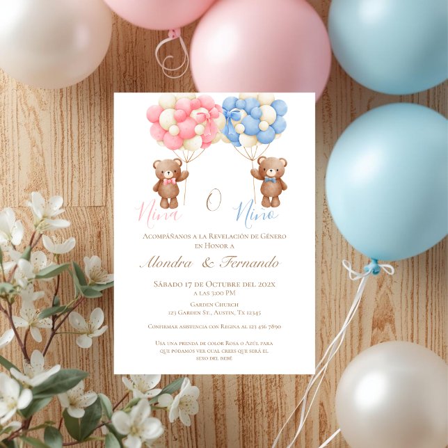 Invitación He or She Teddy Bear with Balloons Gender Reveal I (Subido por el creador)