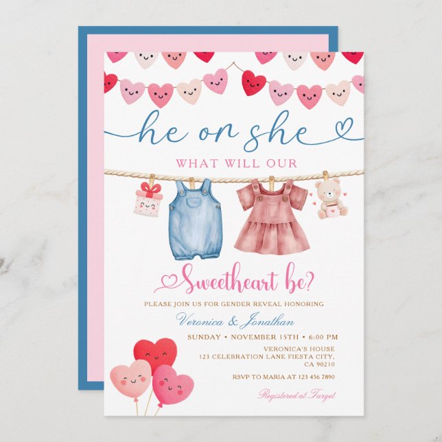 Invitación He or She Valentine Gender Reveal Clothesline  (Anverso / Reverso)