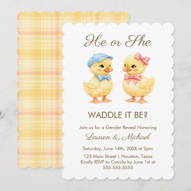 Invitación He or She WADDLE IT BE? Gender Reveal Invitation (Anverso / Reverso)