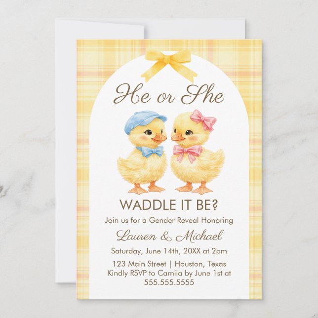 Invitación He or She WADDLE IT BE? Gender Reveal Invitation (Anverso)
